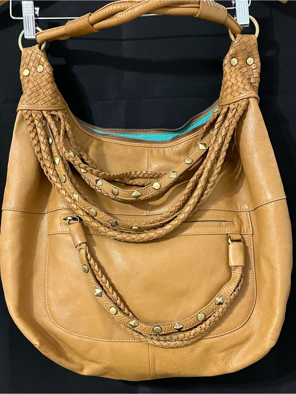 Izabella FioreTan Leather Hobo Bag with Braided Studded Straps